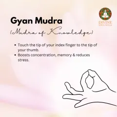 Gyan Mudra is the Mudra of Knowledge. By touching the tip of the index finger to the thumb, you can boost concentration, improve memory, and reduce stress. We often use this mudra during meditation.