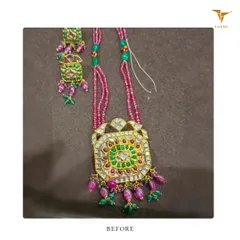 Here is the original piece a client brought to me. A lovely polki set with a pendant and earrings, but she wanted a fresher, more versatile look.