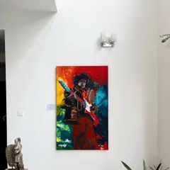 My Jimi Hendrix painting hanging in a gallery space. The clean white wall makes the vibrant colors of the 5x3 feet canvas pop, showing how it can serve as a powerful focal point.