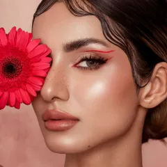 A study in graphic lines and floral elements. The sharp red eyeliner is mirrored by the vibrant gerbera daisy, creating a visually balanced and artistic composition. The finger-waved hair adds a touch of vintage glamour to this modern look.
