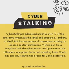 This post explains the legal definition of cyberstalking under Indian law, referencing Section 77 of the Bharatiya Nyaya Sanhita (BNS) and Sections 67/67A of the IT Act. It outlines the potential consequences for offenders, including prison, fines, and restraining orders, to inform victims of their rights.