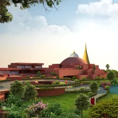 This view shows the academic block of the Buddhist University in relation to the Dhamma Pavilion. The architecture is designed to emerge from the ground, blending with the landscape.