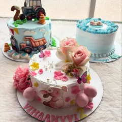 Three different stories in one frame. A whimsical bunny cake, a fun construction cake, and a sweet welcome cake for a newborn.