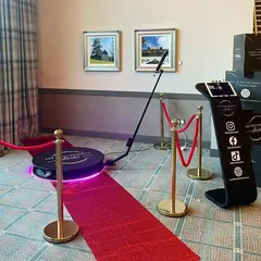 My setup for a charity golf dinner, complete with a dedicated sharing station. After creating their video, guests can instantly send it to their phones via QR code or Airdrop from this kiosk, making the process seamless.