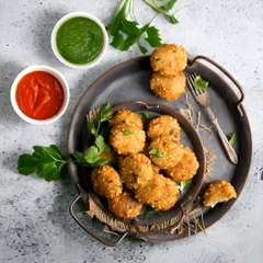A top-down view of our crispy Sabudana Tikkis, served with traditional green and red fasting chutneys. They are perfectly fried to be crunchy on the outside and soft on the inside, making them an ideal vrat snack.