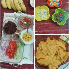 Fresh ingredients are the star of our cooking classes. We use colorful vegetables, fruits, and other healthy items to create our no-fire recipes like corn chaat and loaded nachos.