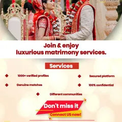 I provide luxurious matrimonial services with a promise of 100% confidentiality and a secure platform. My process involves providing you with genuine matches from over a thousand verified profiles, catering to various communities for a truly personalized experience.