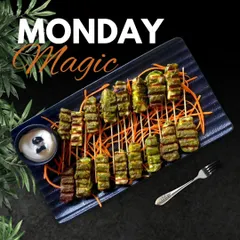 Start your week with a burst of flavor. Our Pesto Paneer Steak features grilled paneer skewers coated in a fresh and herby pesto sauce, served on a bed of shredded carrots.