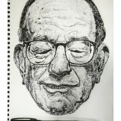 An expressive portrait created using a simple ballpoint pen and a scribbling technique. This method is spontaneous and energetic, building up tone and form through layered, chaotic lines.
