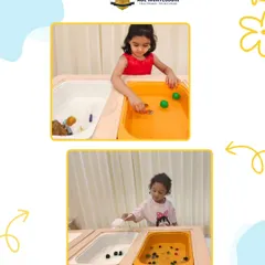 Our sensory tables are a hub of activity. Here, children are engaged in scooping and transferring objects in water, an exercise that builds fine motor skills and concentration.