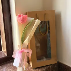 My simple and sweet single pink crochet tulip. It’s beautifully wrapped and comes with a little tag for your personal message, making it an adorable and affordable gift for any occasion.