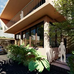 The entrance and carport of the Corgao villa concept. The design integrates lush foliage and modern architectural lines, creating a welcoming entry that immediately establishes the home's connection to nature.