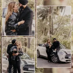 A stylish collage of the couple with a Mini Cooper. Dressed in matching black leather jackets, they exude a cool, edgy vibe, showing a different side of their love story.