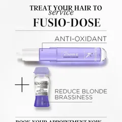 An infographic explaining the benefits of the Kérastase Fusio-Dose anti-oxidant treatment, which is perfect for reducing brassiness in blonde or highlighted hair.