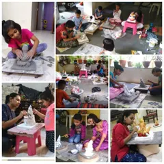 A collage showcasing the wonderful process of our Ganesha making workshops. Both online and offline, kids and adults come together to create their very own idols.
