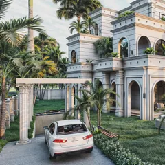 Visualizing the entrance to the classical farmhouse, this render shows the approach to the property. It highlights the Roman-style columns of the porte-cochère and the building's tiered structure, framed by mature palm trees.