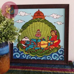 The 14x14 inch Ananthasayanam painting, framed and displayed. This piece tells a grand cosmic story and serves as a beautiful, spiritual centerpiece in the home of a cherished client.