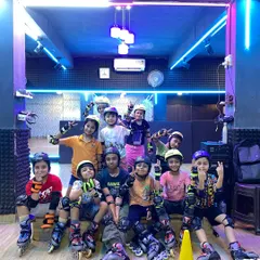 Our skating crew after a great session. We build a strong sense of community where every child feels supported while learning on their inline or quad skates.