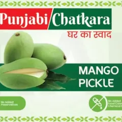The label for my Mango Pickle, highlighting that it's 100% natural with no added preservatives or chemical flavours. Just pure, homemade goodness.