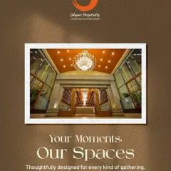 "Your Moments, Our Spaces." This graphic, featuring the grand entrance to one of our venues, encapsulates our mission to provide thoughtfully designed spaces for every kind of gathering.