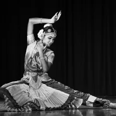 A striking black and white portrait of our star student, Harshitha Gopi, in a classic Bharatanatyam pose. Her dedication and artistry are an inspiration to all our students.
