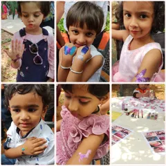 A collage capturing the fun and excitement of a birthday party. It shows a variety of happy kids with their new glitter tattoos, from butterflies to stars, and my clean, organized work station.