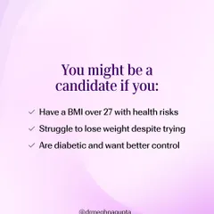 This program is designed for specific candidates. You may benefit if you have a BMI over 27 with associated health risks, have struggled to lose weight despite consistent efforts, or are diabetic and seeking better control over your condition.
