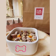 Here is the Porky Monkey meal, ready to go. Like all my meals, it's prepared fresh daily and delivered right to your door, so your dog always gets the best.
