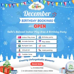 December is a time for celebration! My birthday bookings are open. This winter-themed graphic reminds you to book your party and enjoy our many activities, from the toddler zone to valet parking.