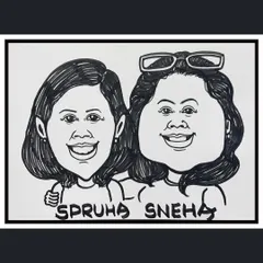 A classic black and white caricature of two friends, Spruha and Sneha. My style focuses on bold lines and capturing expressive faces.