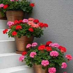 A beautiful arrangement of potted Geraniums in shades of pink and red, elegantly displayed on white steps.