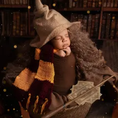 The Sorting Hat has made its choice. This newborn wizard, complete with a Gryffindor scarf, sleeps soundly, dreaming of magic in our Harry Potter themed session.