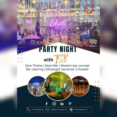 This graphic outlines the key elements of a 'Party Night with TSB'. I can create a dark theme, a neon bar, or a modern concept to fit your vision.