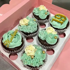 Mint green and white with a touch of gold. I created these custom cupcakes with personalized toppers for a special birthday celebration.