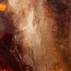 Another close-up view of impasto brushwork. The thick application of paint creates deep grooves and ridges, adding a sculptural quality to the two-dimensional surface and enhancing the expressive nature of the portrait.
