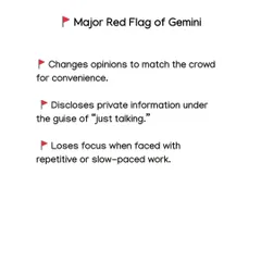 This image outlines the major red flags for a Gemini. They can change opinions to fit in and sometimes disclose private information without realizing the consequences.