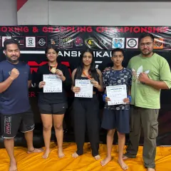 Our female students with their medals and certificates from the Delhi Olympics Savate Games 2025. We are proud of their dedication and sportsmanship.