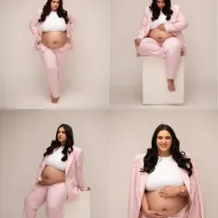 A modern and chic maternity collage. The mom-to-be rocks a stylish pink pantsuit with her baby bump proudly displayed, showing that pregnancy style can be bold and beautiful.