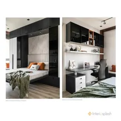 This collage from our Volume Zero Magazine feature shows a bedroom we designed with a built-in study. The monochrome palette and smart storage make it a functional and stylish space.