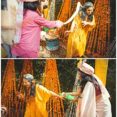 The Haldi ceremony is a time for playful chaos! This collage captures the fun as friends and family douse the bride with water and turmeric, creating unforgettable, candid memories.