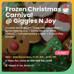 A poster for the Frozen Christmas Carnival at Giggles N Joy. My event partnerships include activities like cookie decorating, tree decoration, Santa-themed tattoos, and of course, hours of playtime.