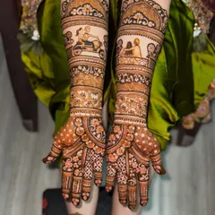 This design tells the story of the couple's first ride together on a scooter. It's these little personal moments that make a bridal mehendi design truly one of a kind.