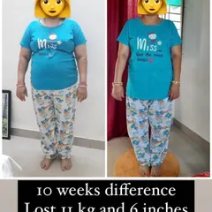 Results are more than just weight. In 10 weeks, this client lost 11 kg and an incredible 6 inches from her waist and hips. We focused on a balanced diet to achieve fat loss while maintaining energy.