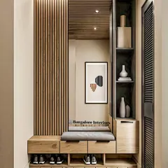 An entryway should be both welcoming and practical. This unit features a comfortable seating bench, open shoe storage for daily use, and drawers for clutter-free living, all tied together with elegant wood fluting and a full-length mirror.
