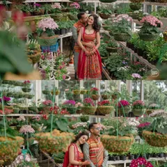 A romantic couple's portrait inside a lush greenhouse at The Savoy, Mussoorie. The hills and vibrant flowers created a fairytale setting.