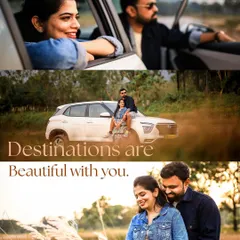A collage from a pre-wedding shoot that tells a story of a road trip adventure. These shots capture the couple's fun and relaxed chemistry in a beautiful, natural landscape.