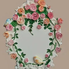 This is a full view of a customized wooden frame, hand-painted with delicate climbing roses and small birds. It’s a beautiful piece of wall decor, perfect for framing a special photo or just hanging as is.