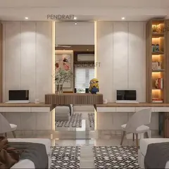 The other side of the siblings' room, featuring a long, shared study table with individual storage units and a central vanity, ensuring each child has their own personal space.
