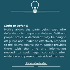 This slide details the Right to Defend, explaining that a notice gives the defendant time and information to seek legal counsel, gather evidence, and prepare a defense.