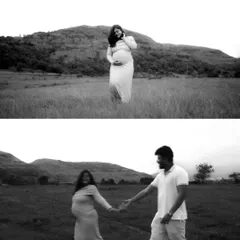 This black and white collage captures both a beautiful solo portrait of the mom-to-be and a candid moment of the couple walking and laughing together, telling a fuller story of their session.